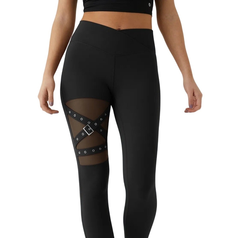 Halara Black Buckle Mesh Leggings XL Crossover Goth Grunge Vamp Punk Moto Street
